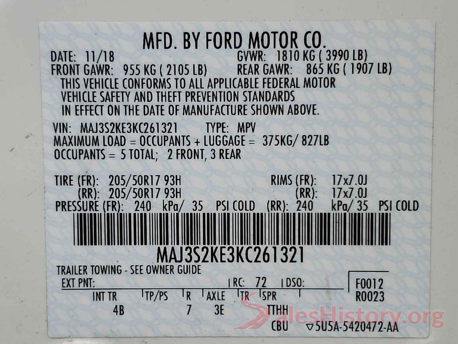 MAJ3S2KE3KC261321 2019 FORD ALL OTHER