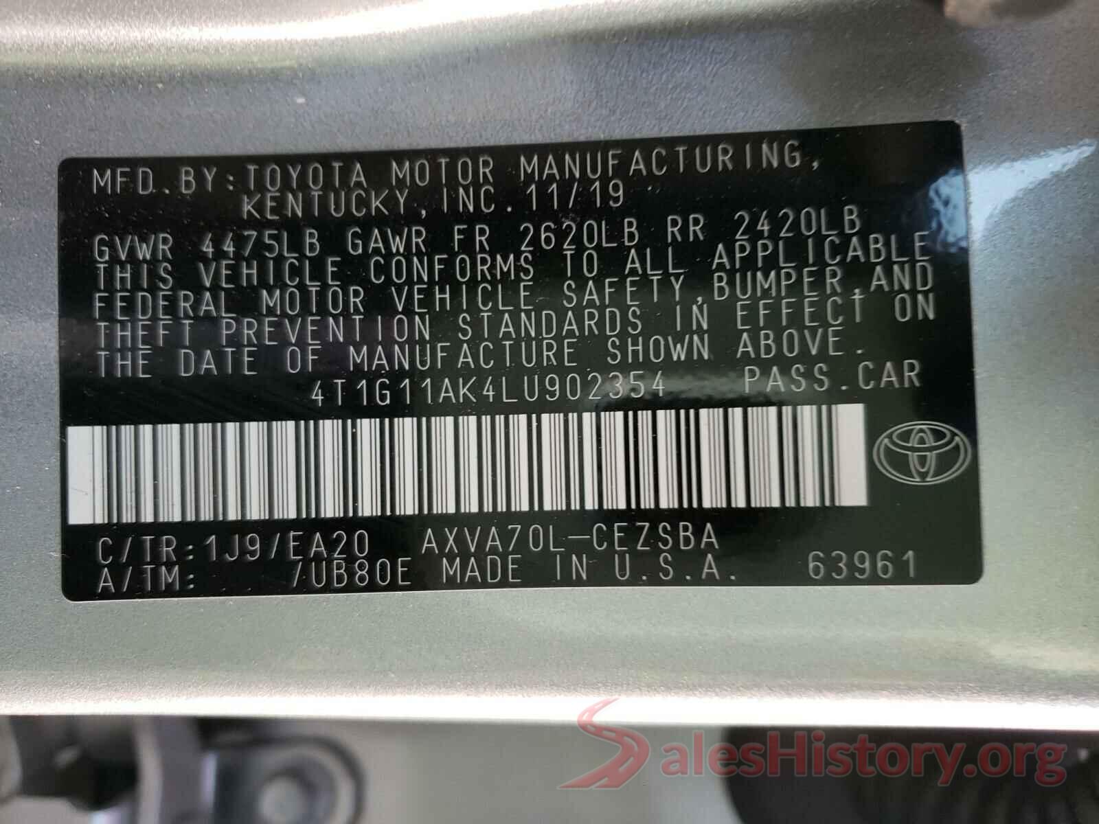 4T1G11AK4LU902354 2020 TOYOTA CAMRY