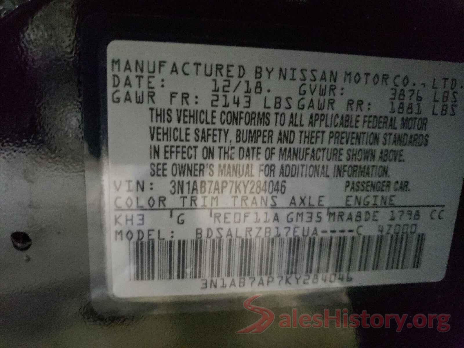 3N1AB7AP7KY284046 2019 NISSAN SENTRA