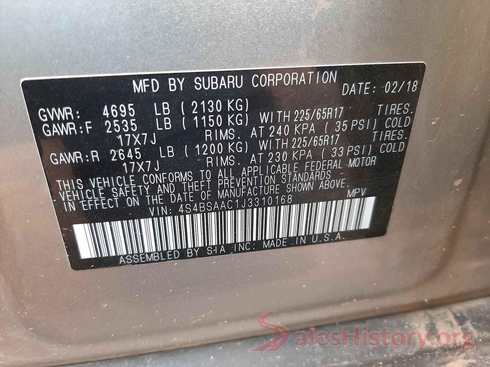 4S4BSAAC1J3310168 2018 SUBARU OUTBACK