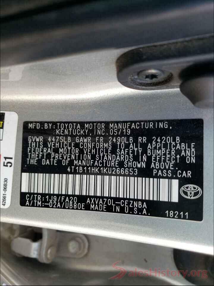 4T1B11HK1KU266653 2019 TOYOTA CAMRY