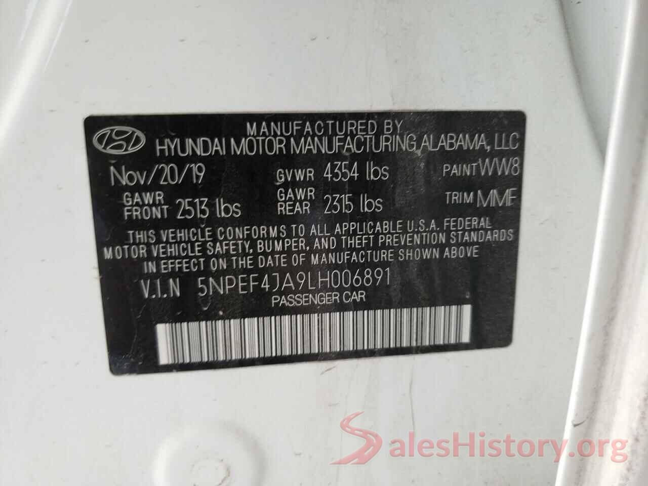 5NPEF4JA9LH006891 2020 HYUNDAI SONATA