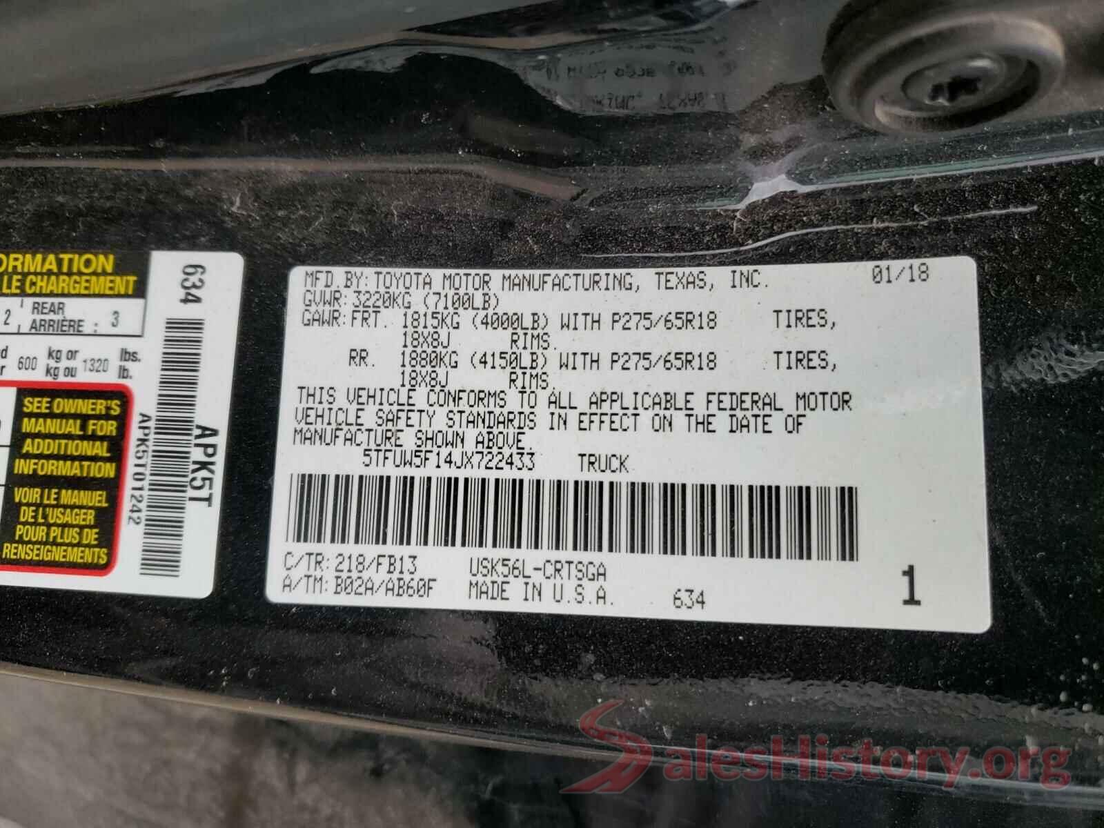 5TFUW5F14JX722433 2018 TOYOTA TUNDRA