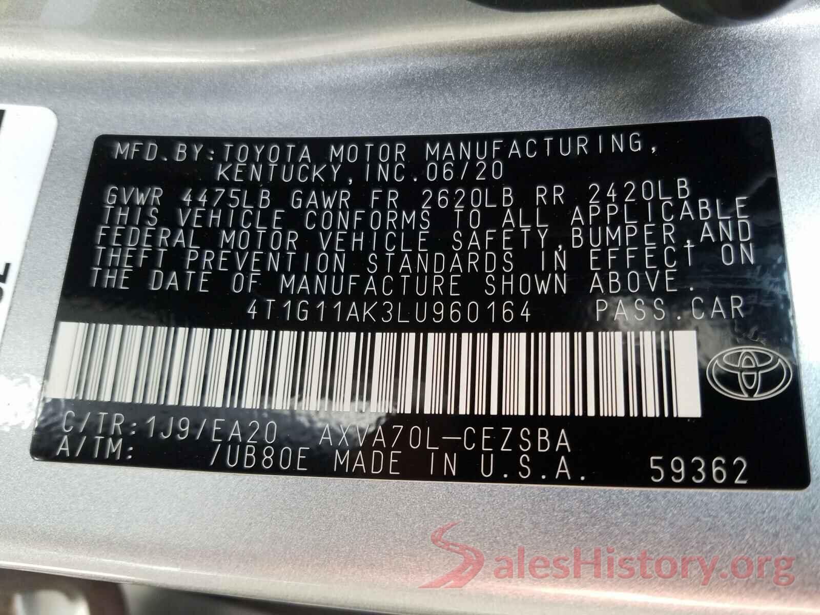 4T1G11AK3LU960164 2020 TOYOTA CAMRY