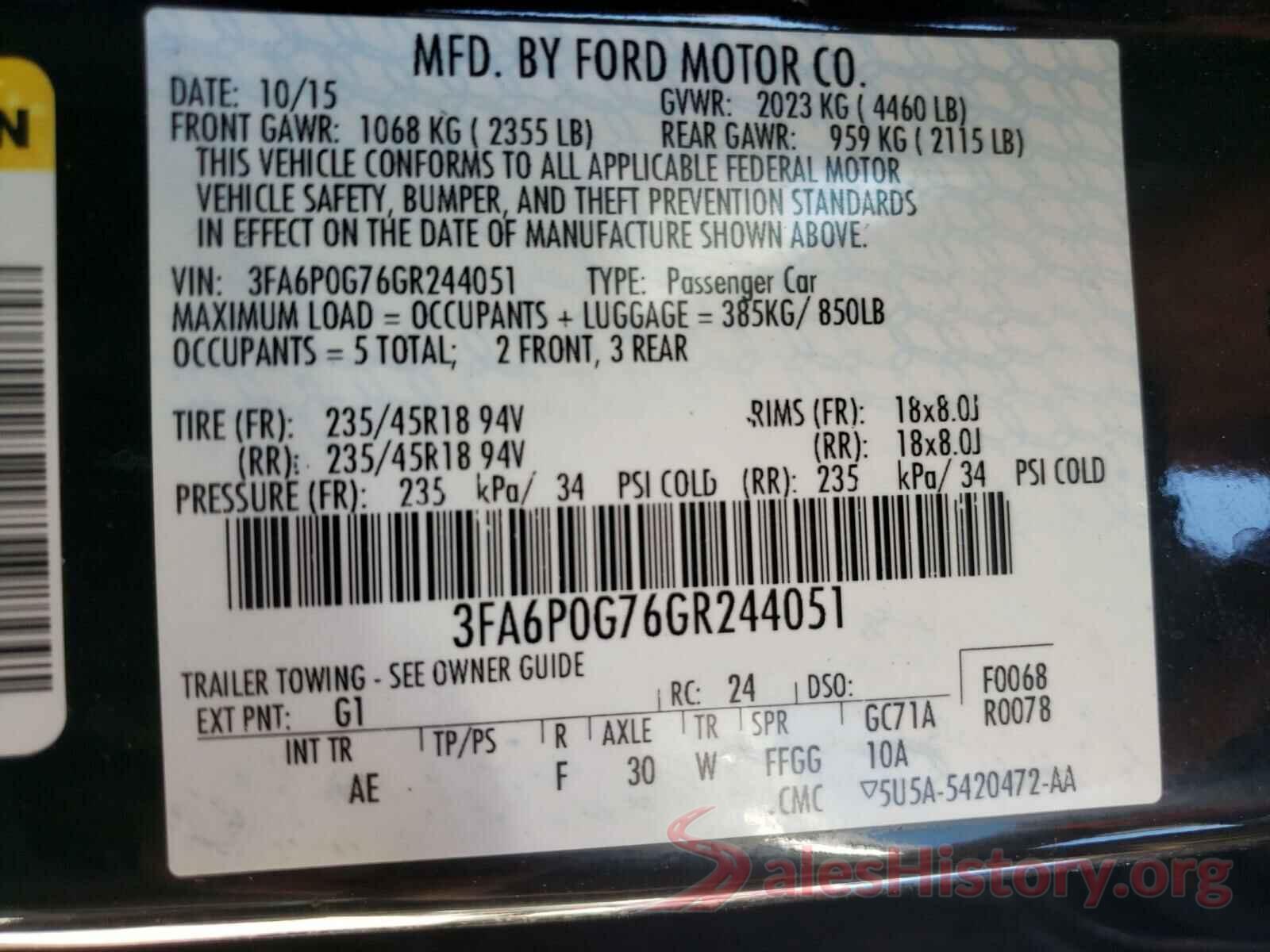 3FA6P0G76GR244051 2016 FORD FUSION