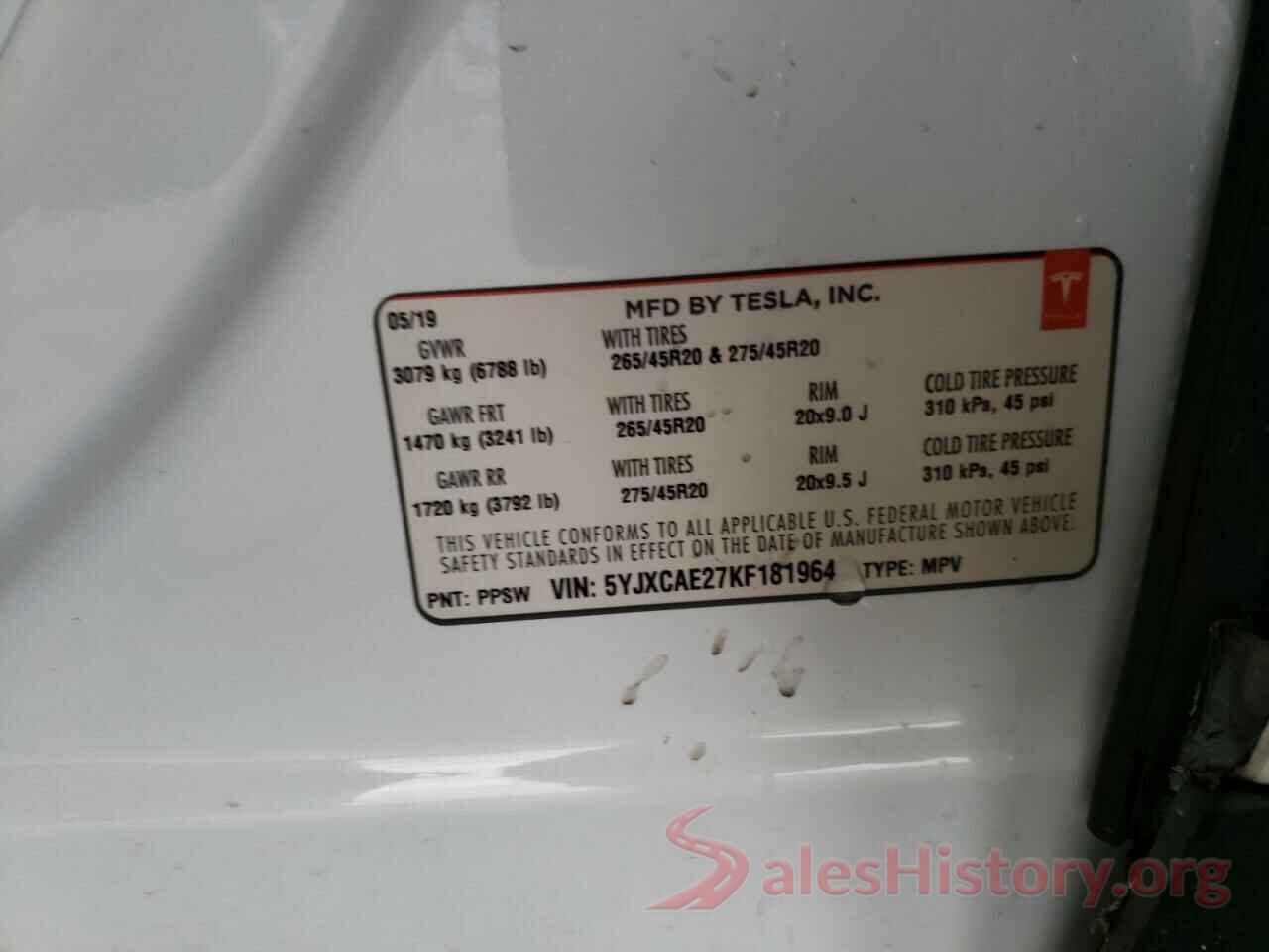 5YJXCAE27KF181964 2019 TESLA MODEL X