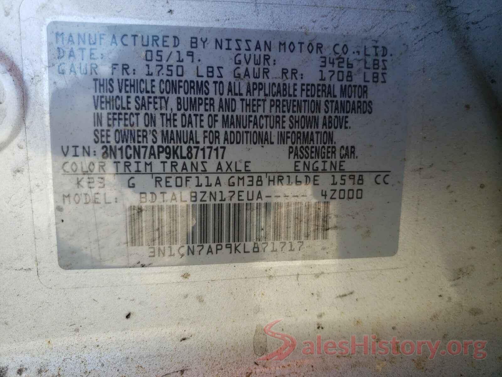 3N1CN7AP9KL871717 2019 NISSAN VERSA