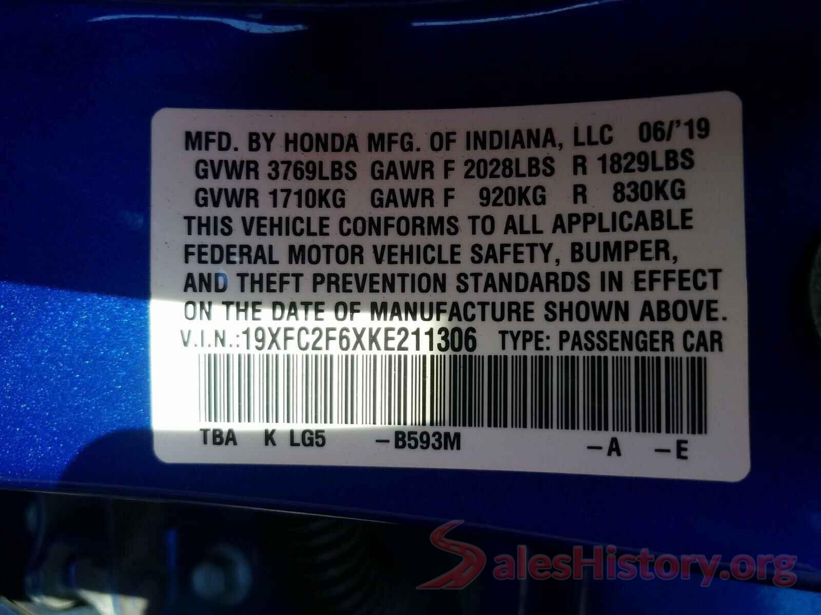 19XFC2F6XKE211306 2019 HONDA CIVIC