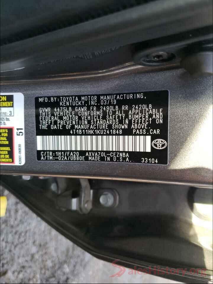 4T1B11HK1KU241848 2019 TOYOTA CAMRY