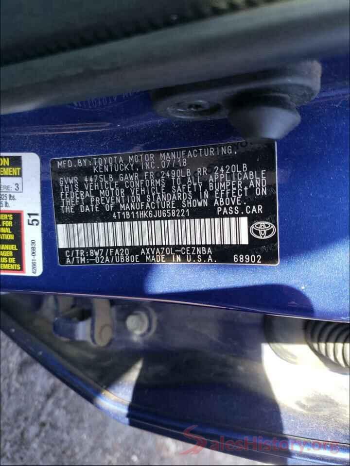 4T1B11HK6JU658221 2018 TOYOTA CAMRY