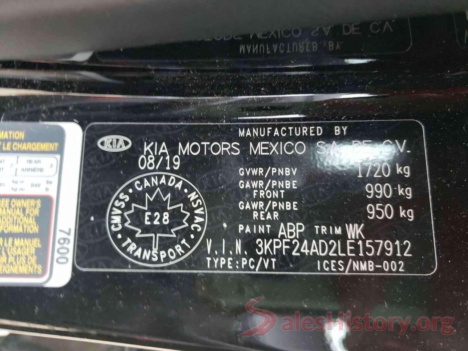 3KPF24AD2LE157912 2020 KIA FORTE