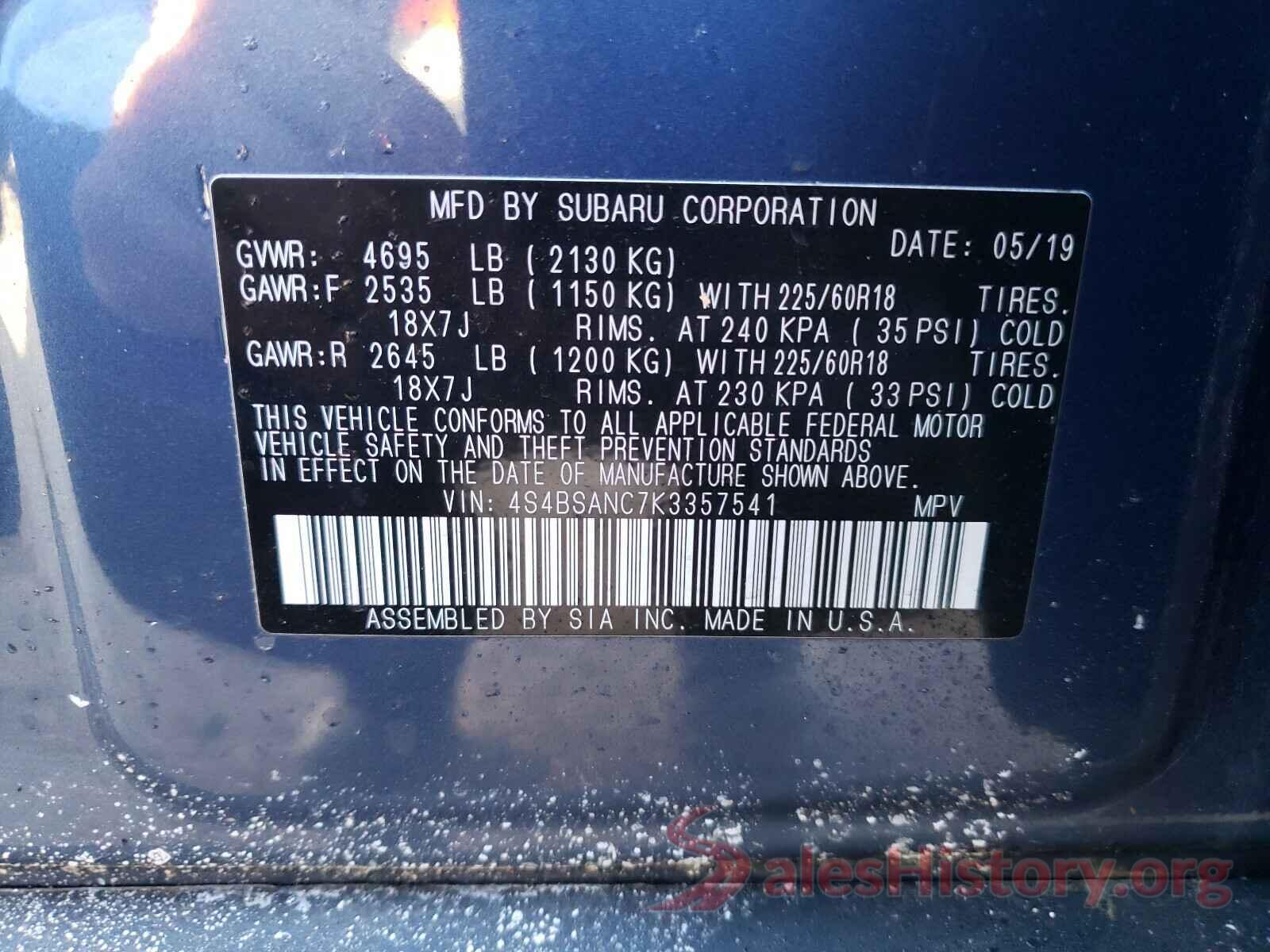 4S4BSANC7K3357541 2019 SUBARU OUTBACK