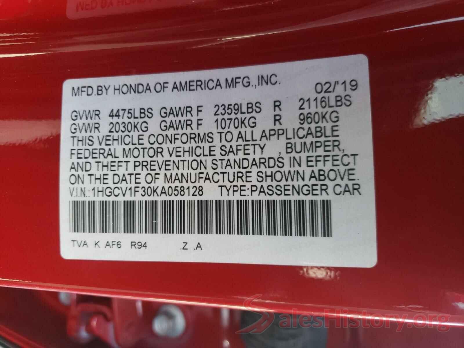 1HGCV1F30KA058128 2019 HONDA ACCORD