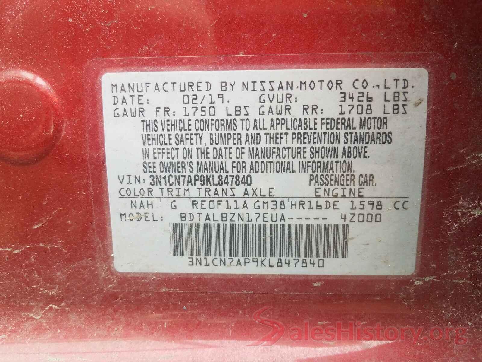 3N1CN7AP9KL847840 2019 NISSAN VERSA