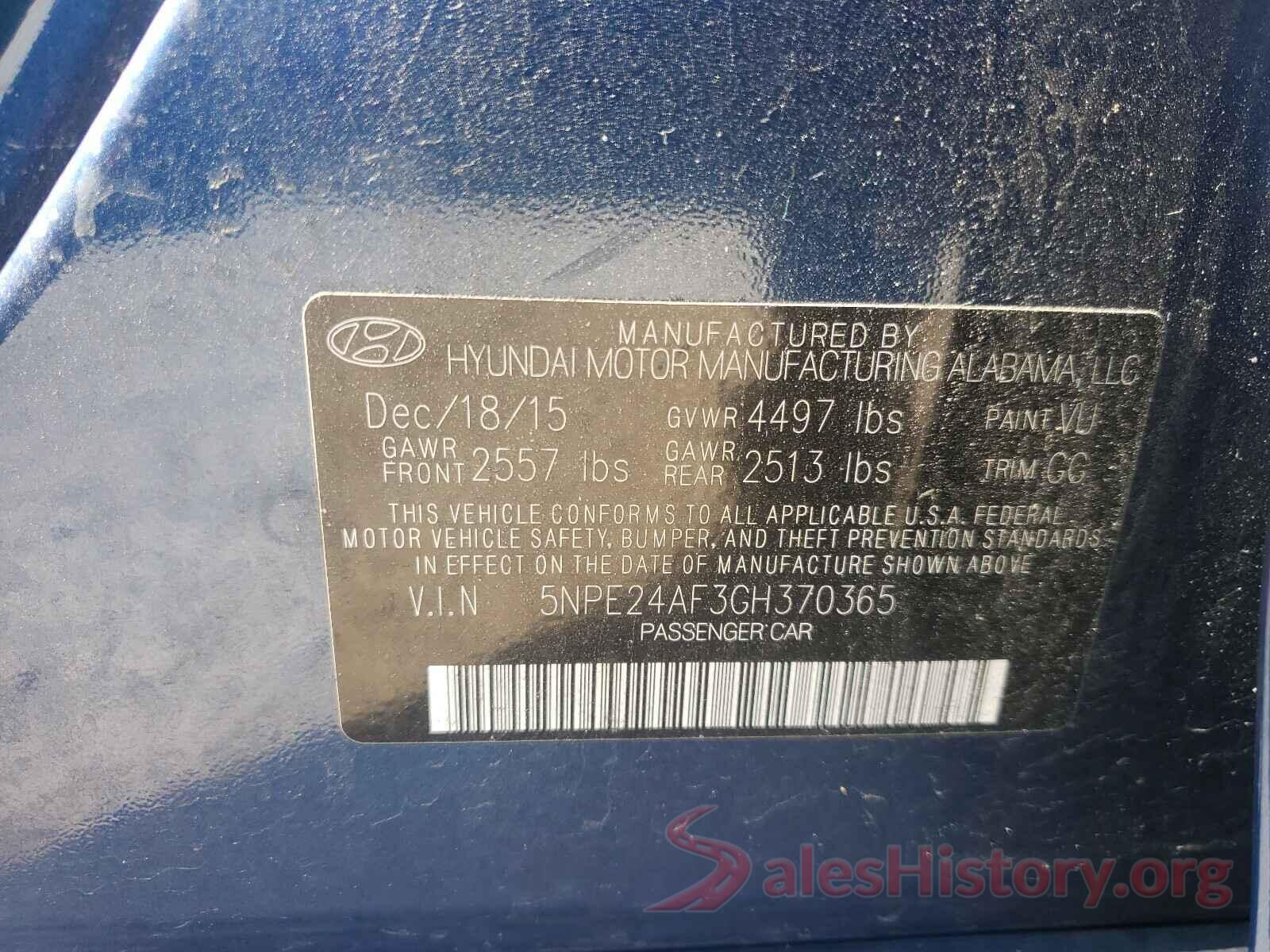 5NPE24AF3GH370365 2016 HYUNDAI SONATA