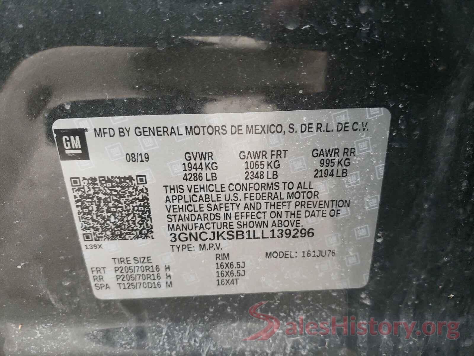 3GNCJKSB1LL139296 2020 CHEVROLET TRAX