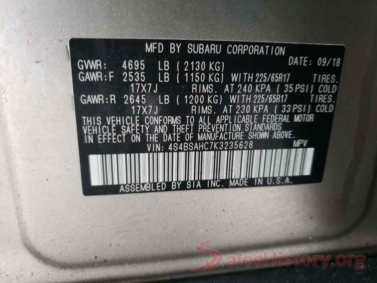 4S4BSAHC7K3235628 2019 SUBARU OUTBACK