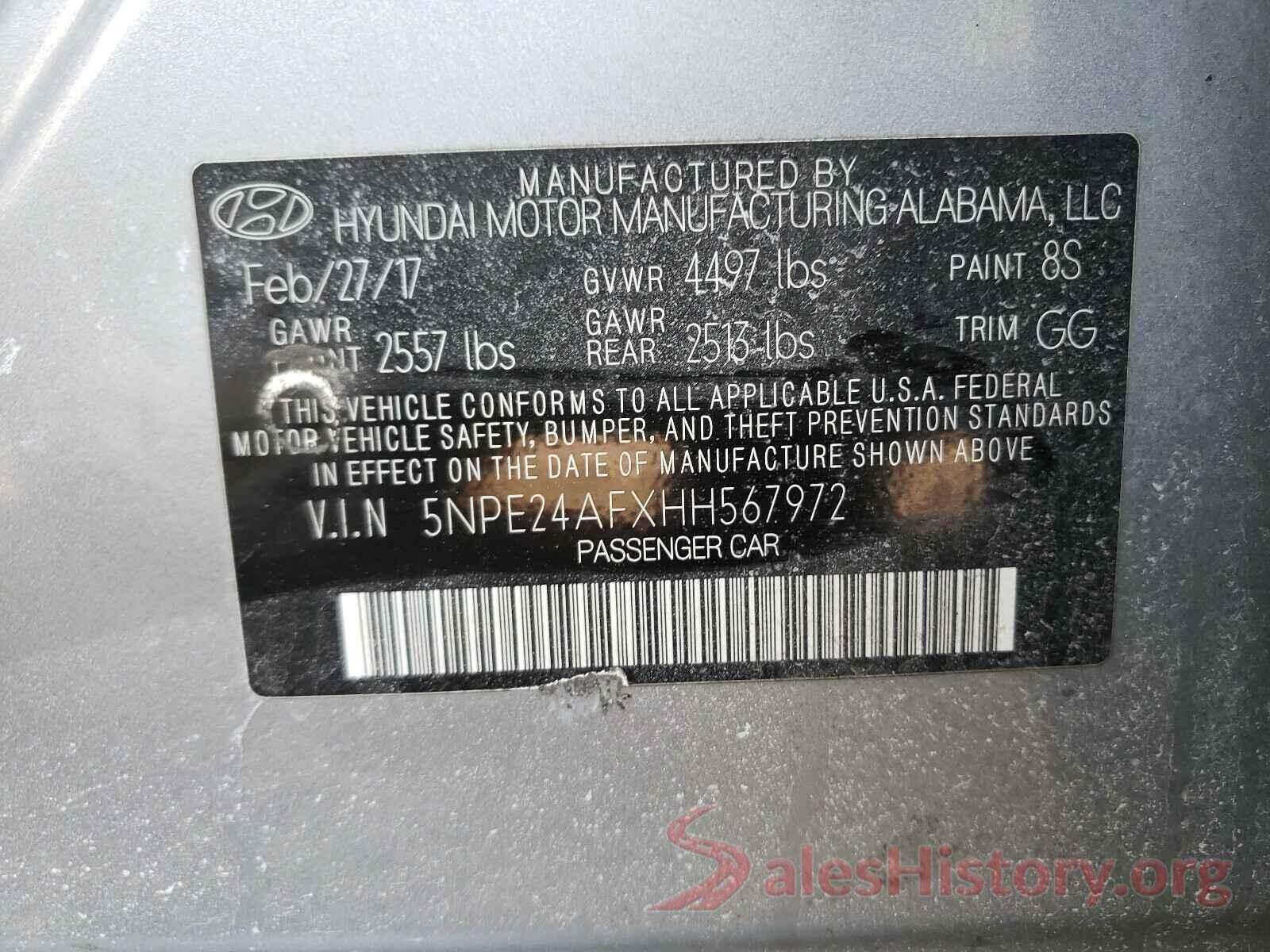 5NPE24AFXHH567972 2017 HYUNDAI SONATA