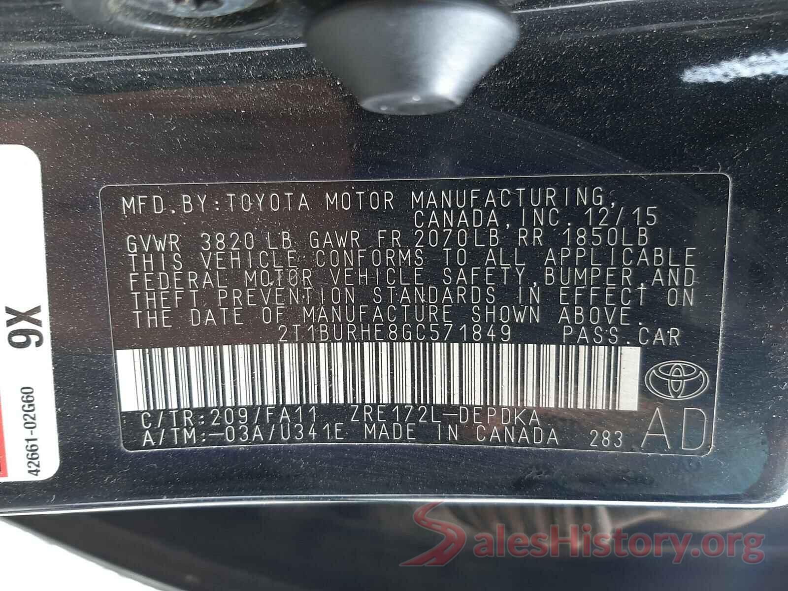 2T1BURHE8GC571849 2016 TOYOTA COROLLA