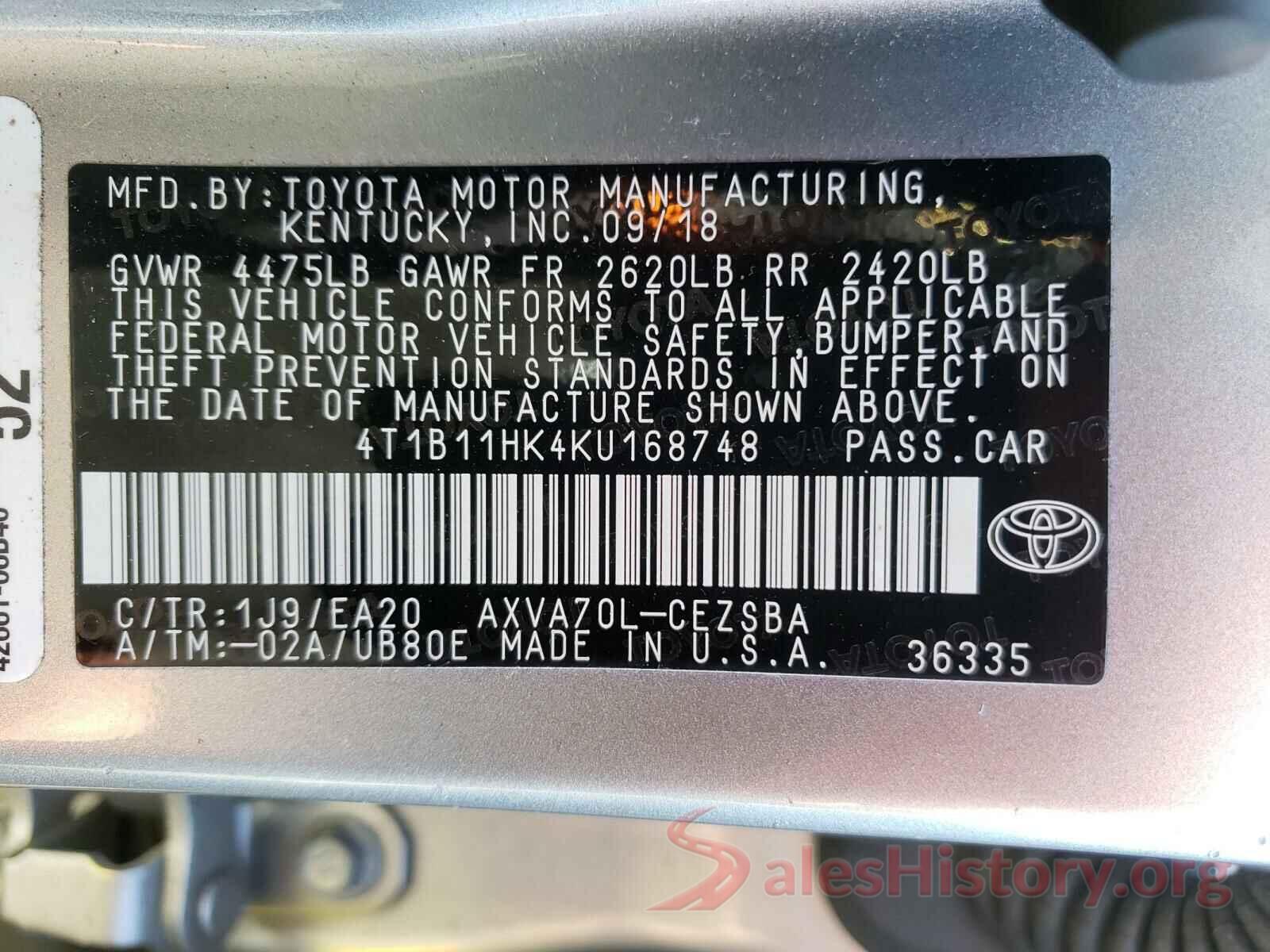 4T1B11HK4KU168748 2019 TOYOTA CAMRY