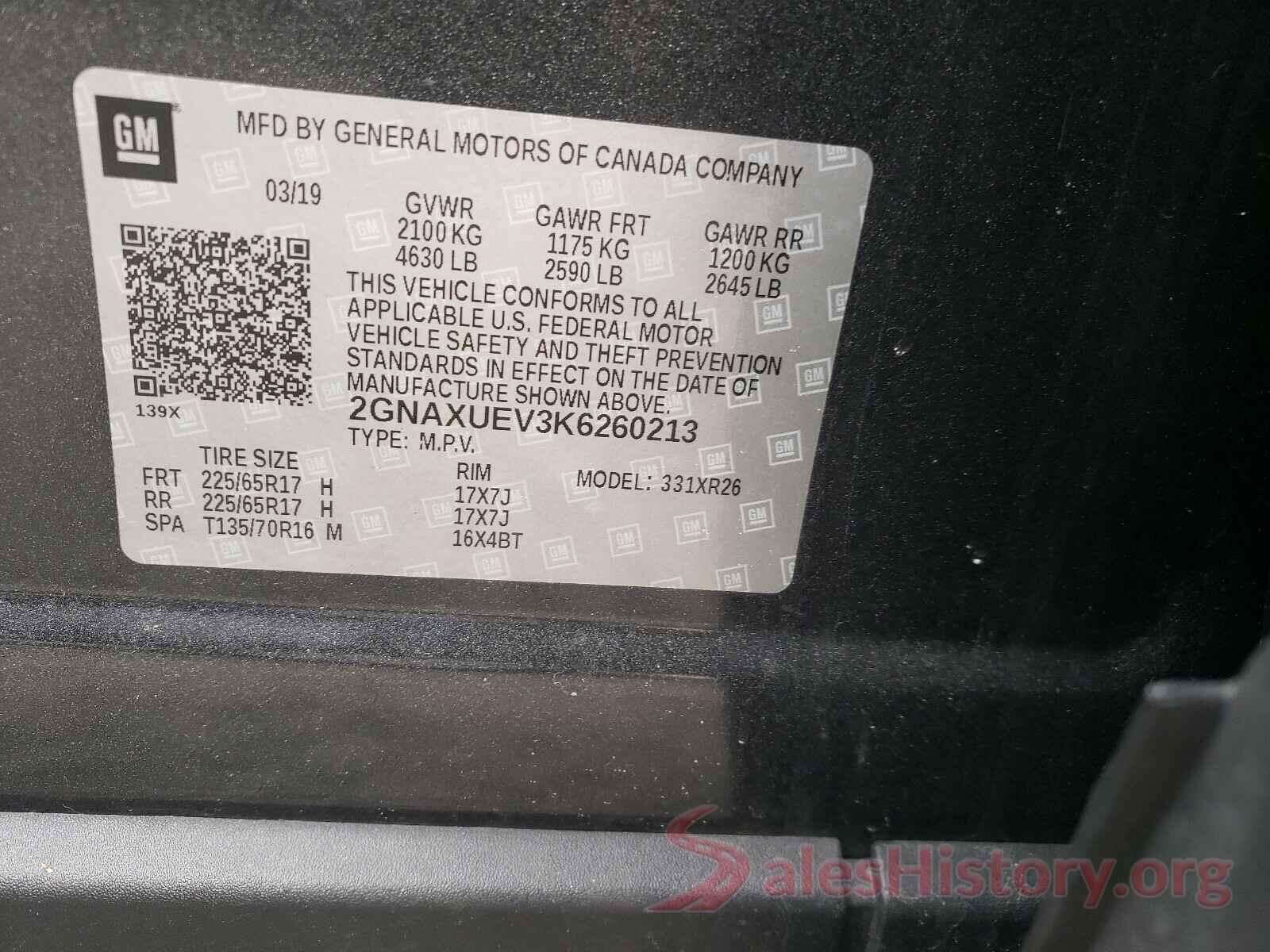 2GNAXUEV3K6260213 2019 CHEVROLET EQUINOX