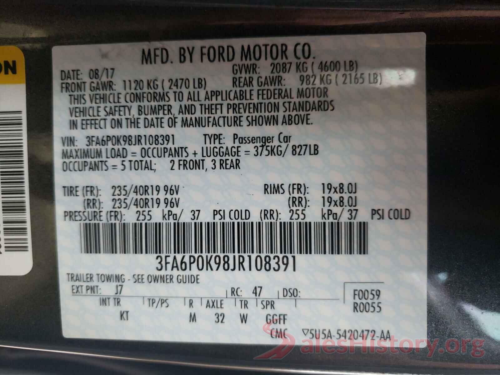 3FA6P0K98JR108391 2018 FORD FUSION