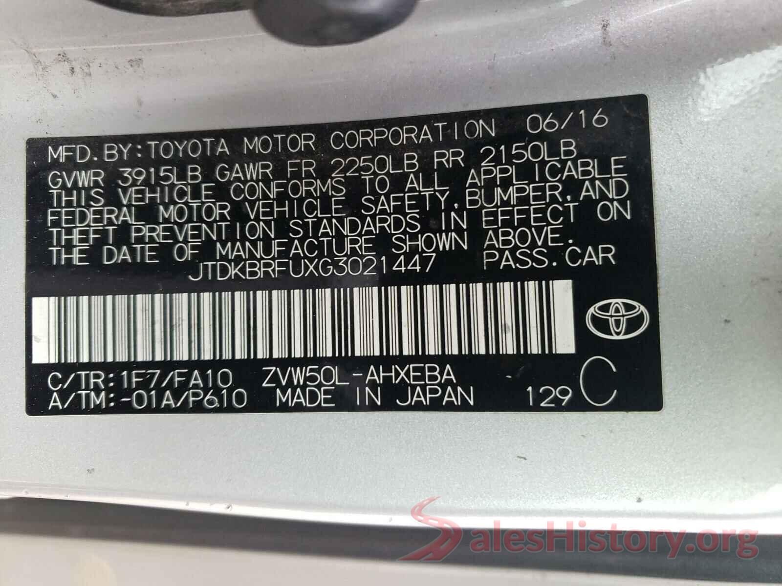 JTDKBRFUXG3021447 2016 TOYOTA PRIUS