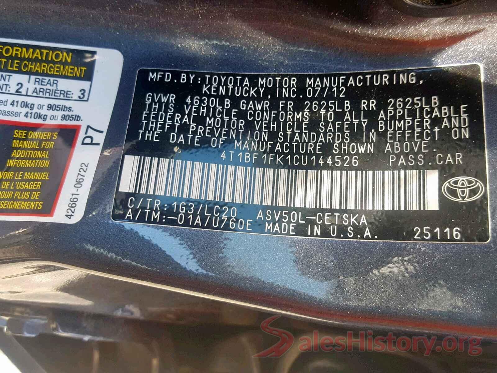 4T1BF1FK1CU144526 2012 TOYOTA CAMRY BASE