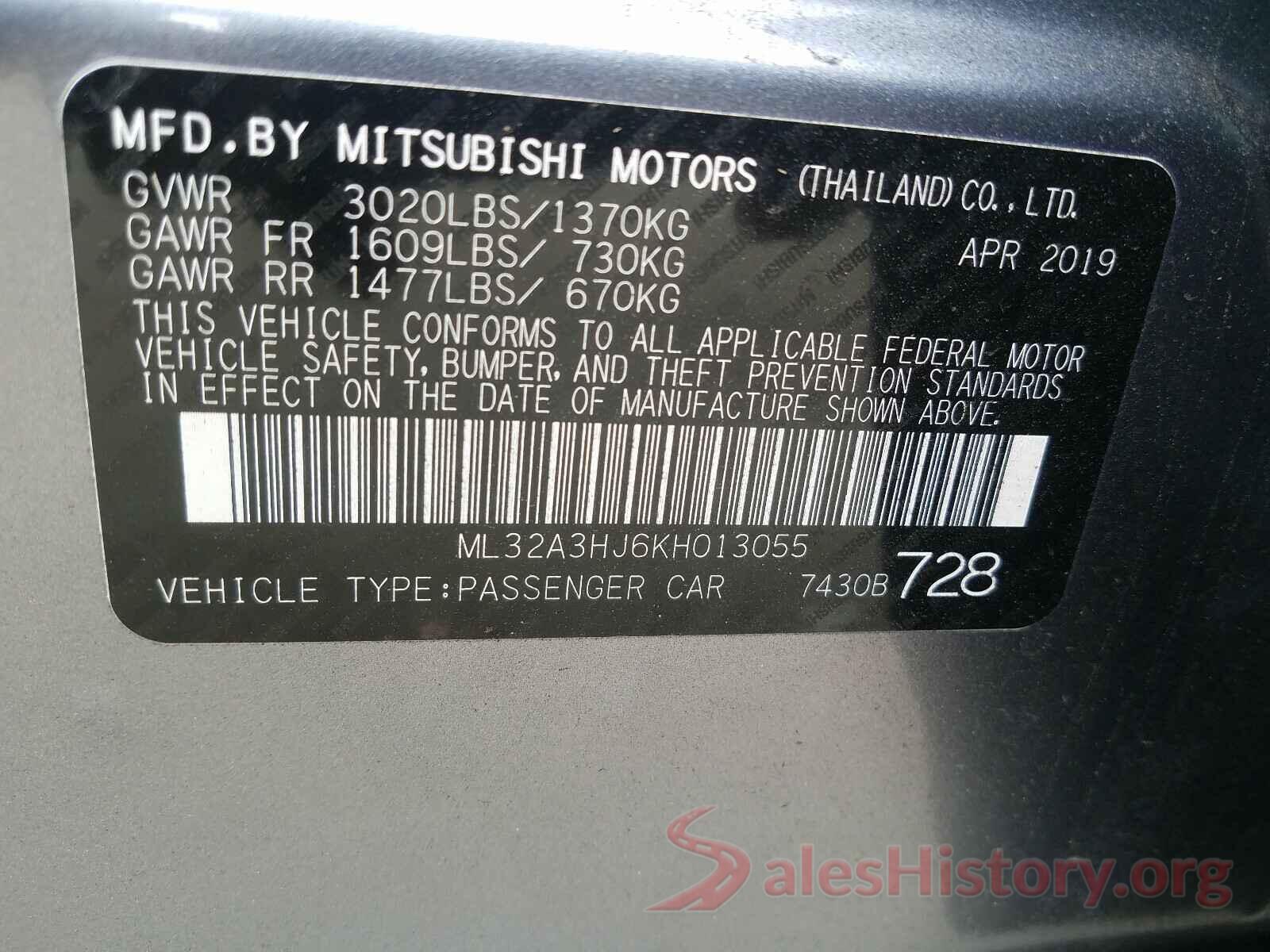 ML32A3HJ6KH013055 2019 MITSUBISHI MIRAGE