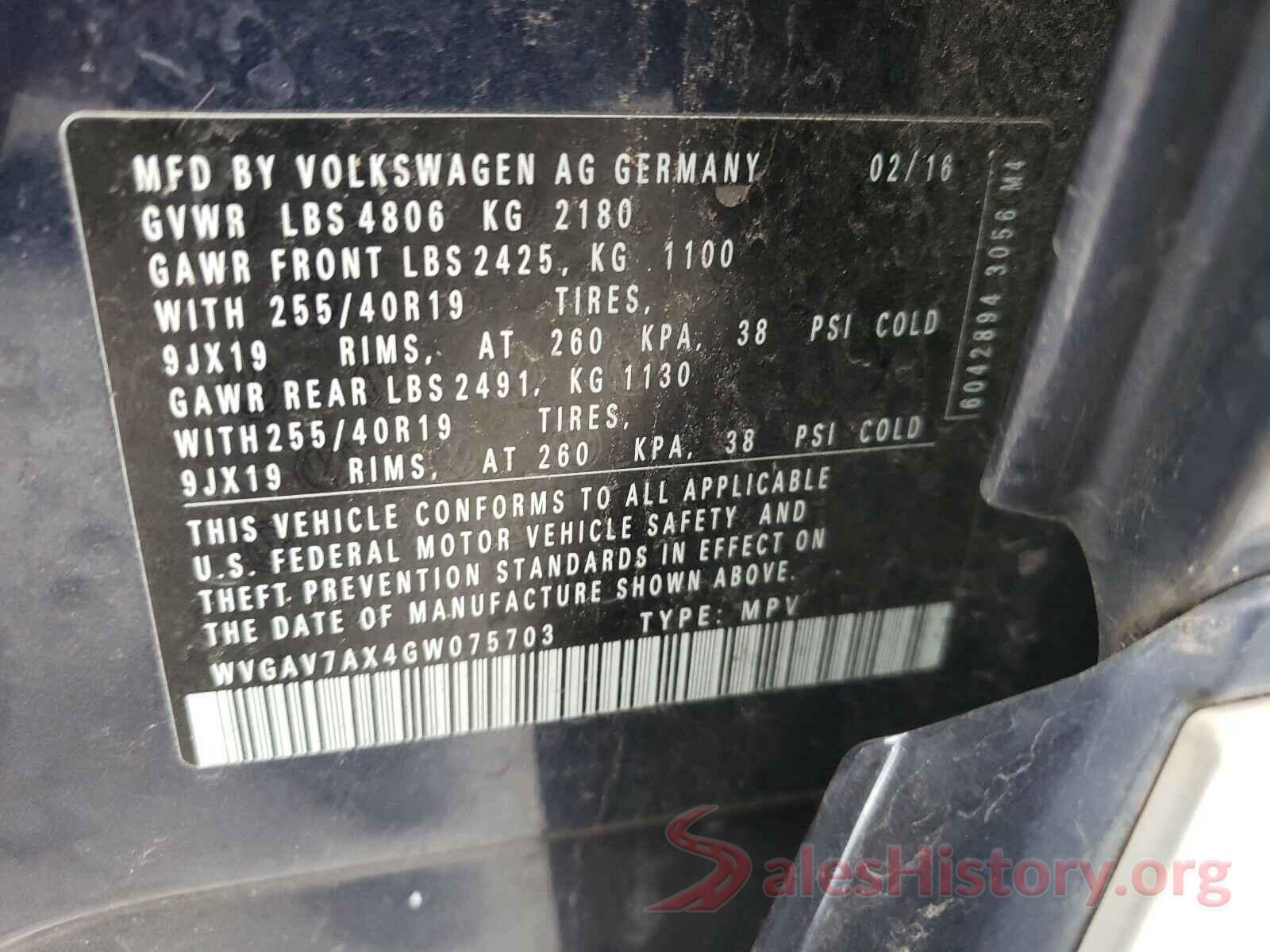 WVGAV7AX4GW075703 2016 VOLKSWAGEN TIGUAN