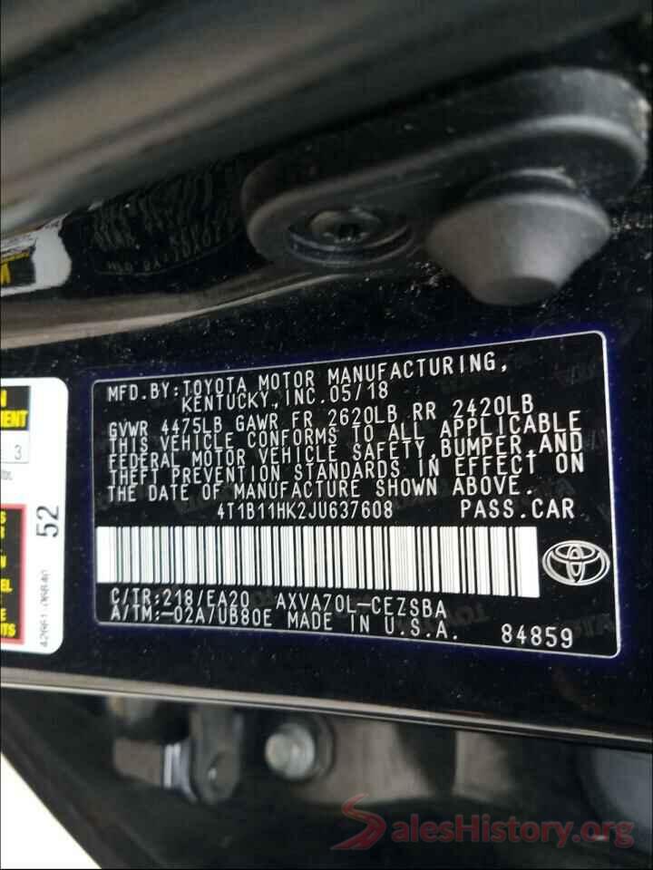 4T1B11HK2JU637608 2018 TOYOTA CAMRY