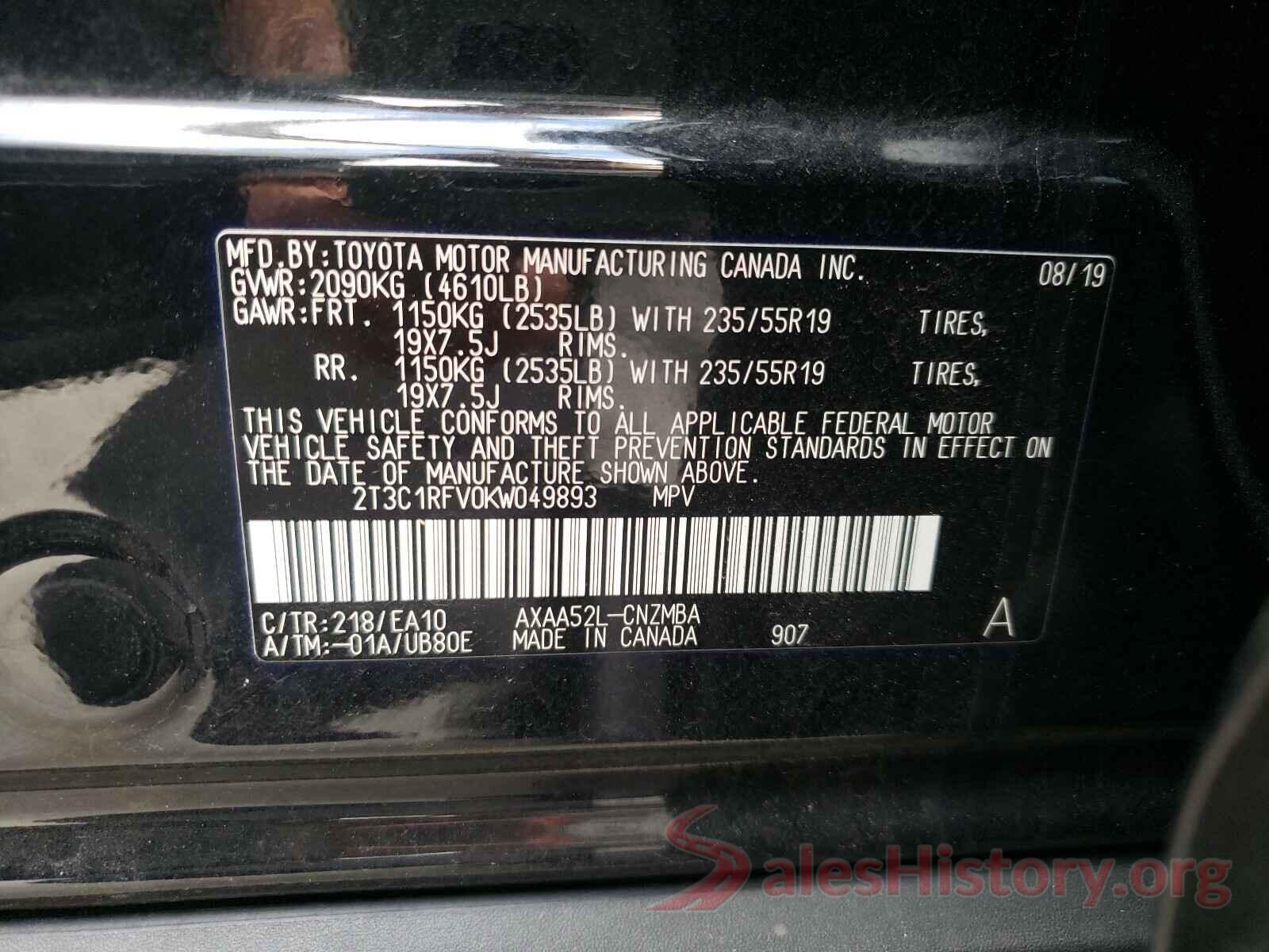 2T3C1RFV0KW049893 2019 TOYOTA RAV4