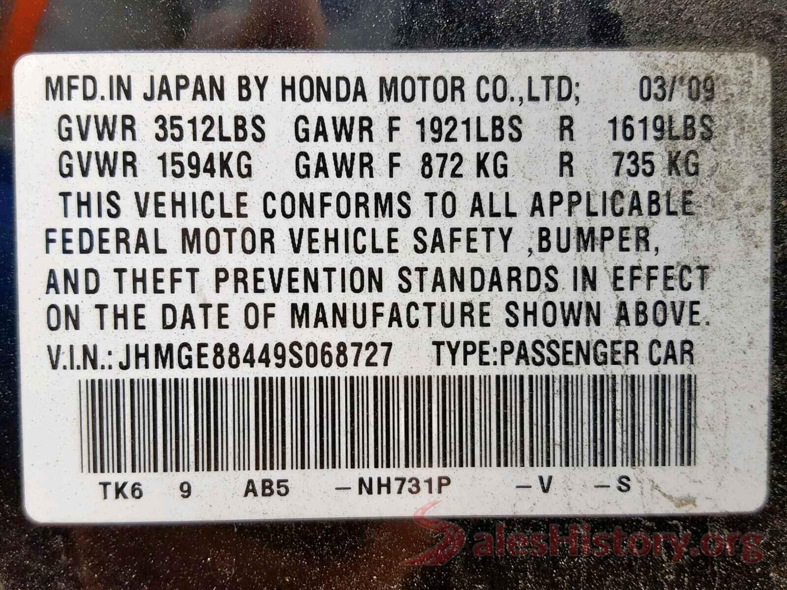 JHMGE88449S068727 2009 HONDA FIT SPORT