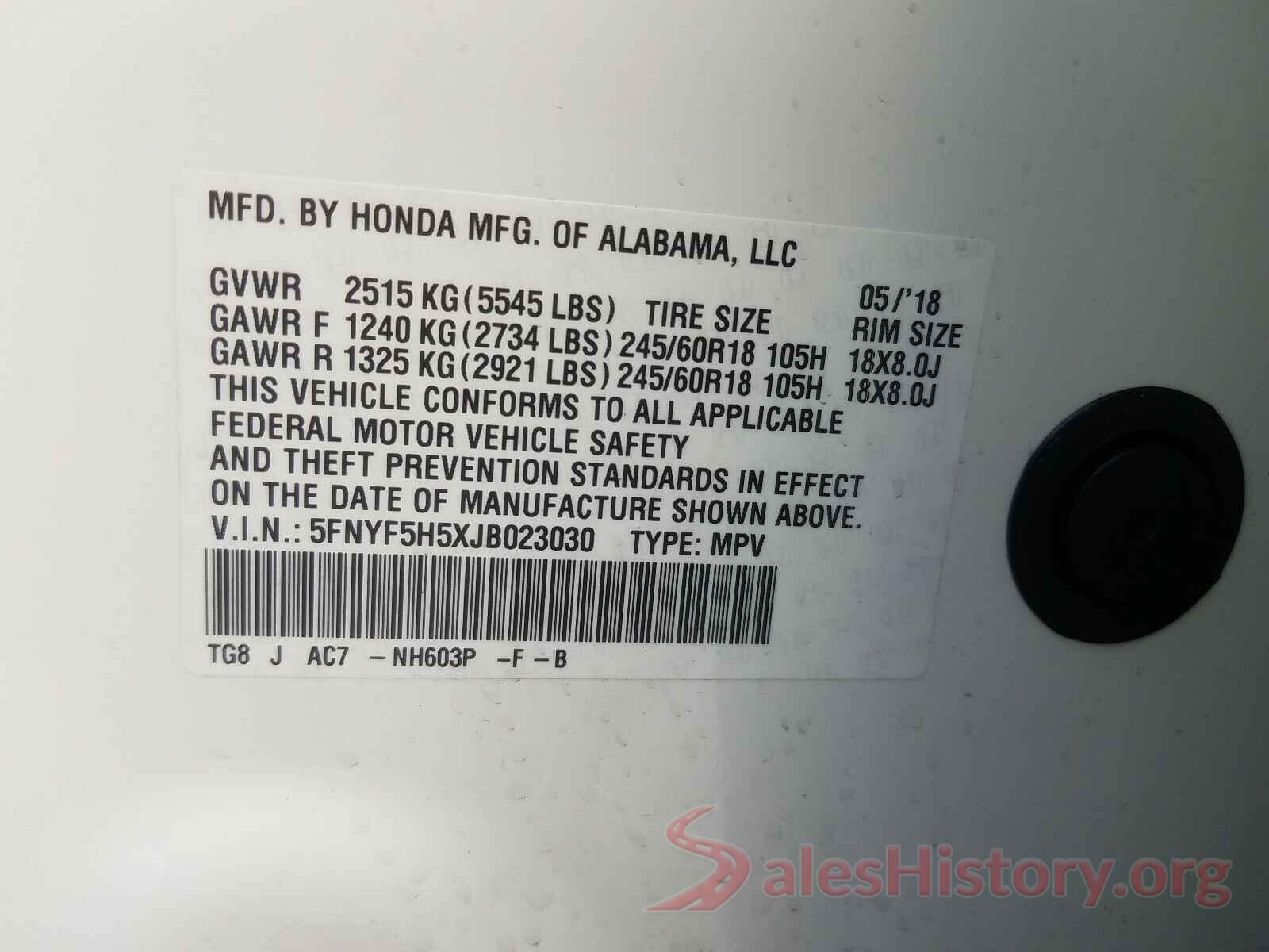 5FNYF5H5XJB023030 2018 HONDA PILOT