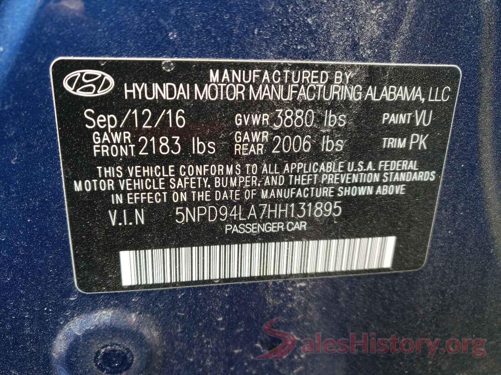 5NPD94LA7HH131895 2017 HYUNDAI ELANTRA