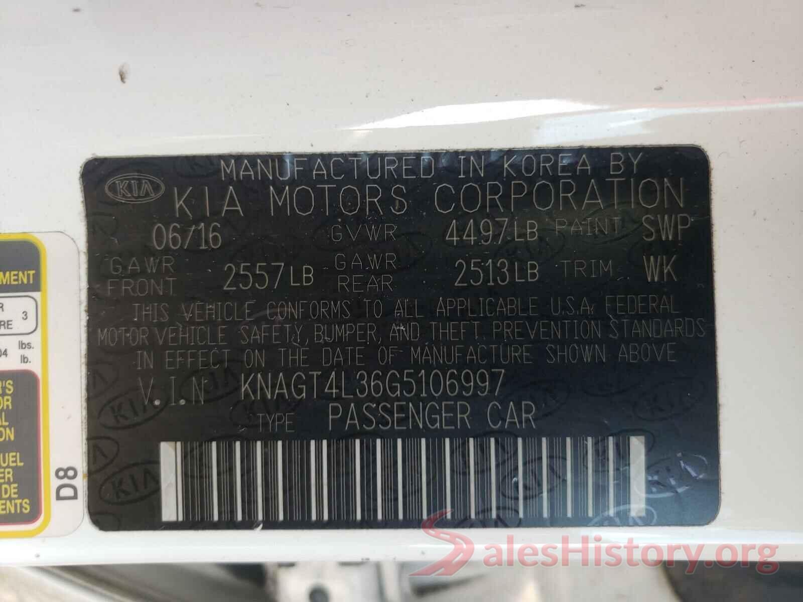 KNAGT4L36G5106997 2016 KIA OPTIMA