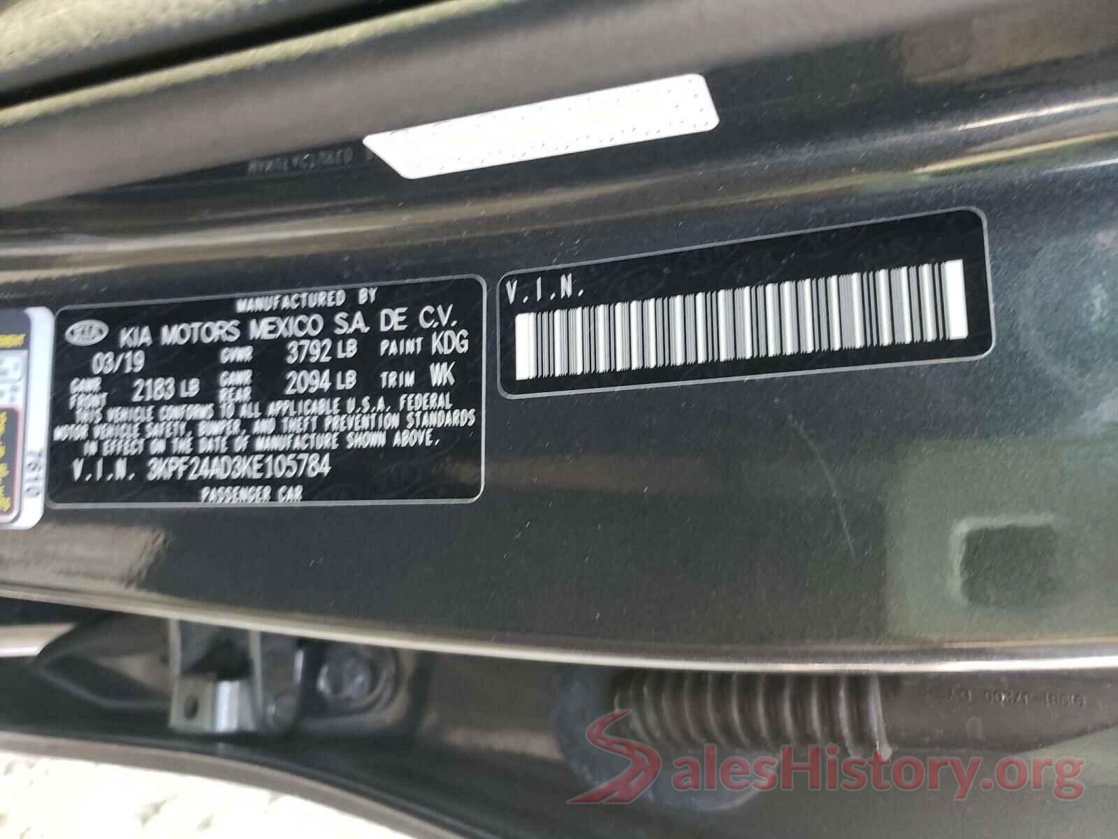 3KPF24AD3KE105784 2019 KIA FORTE