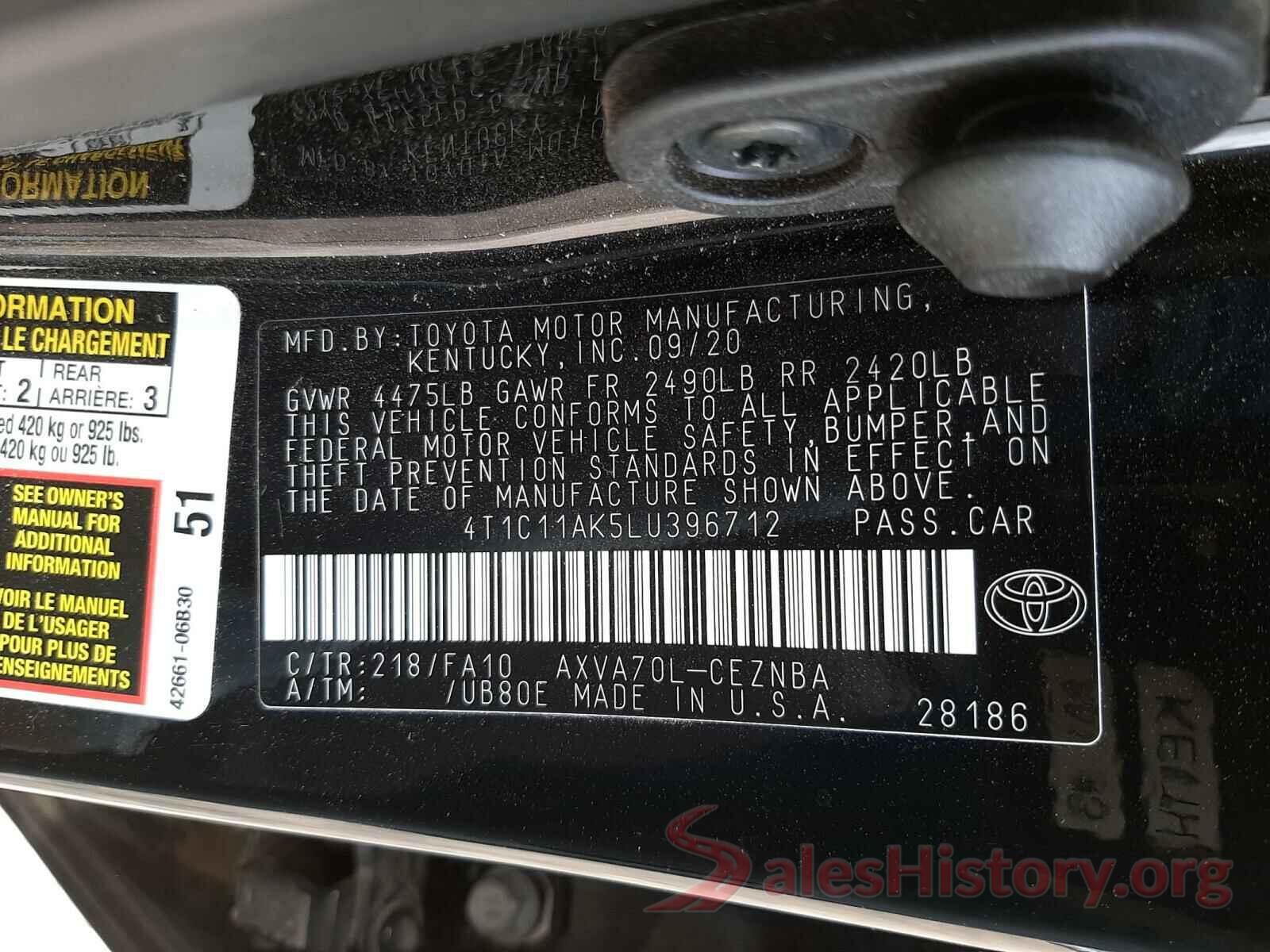 4T1C11AK5LU396712 2020 TOYOTA CAMRY