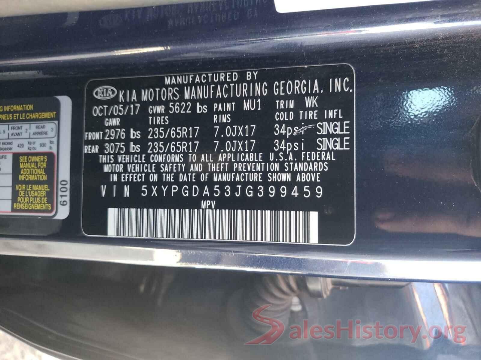 5XYPGDA53JG399459 2018 KIA SORENTO