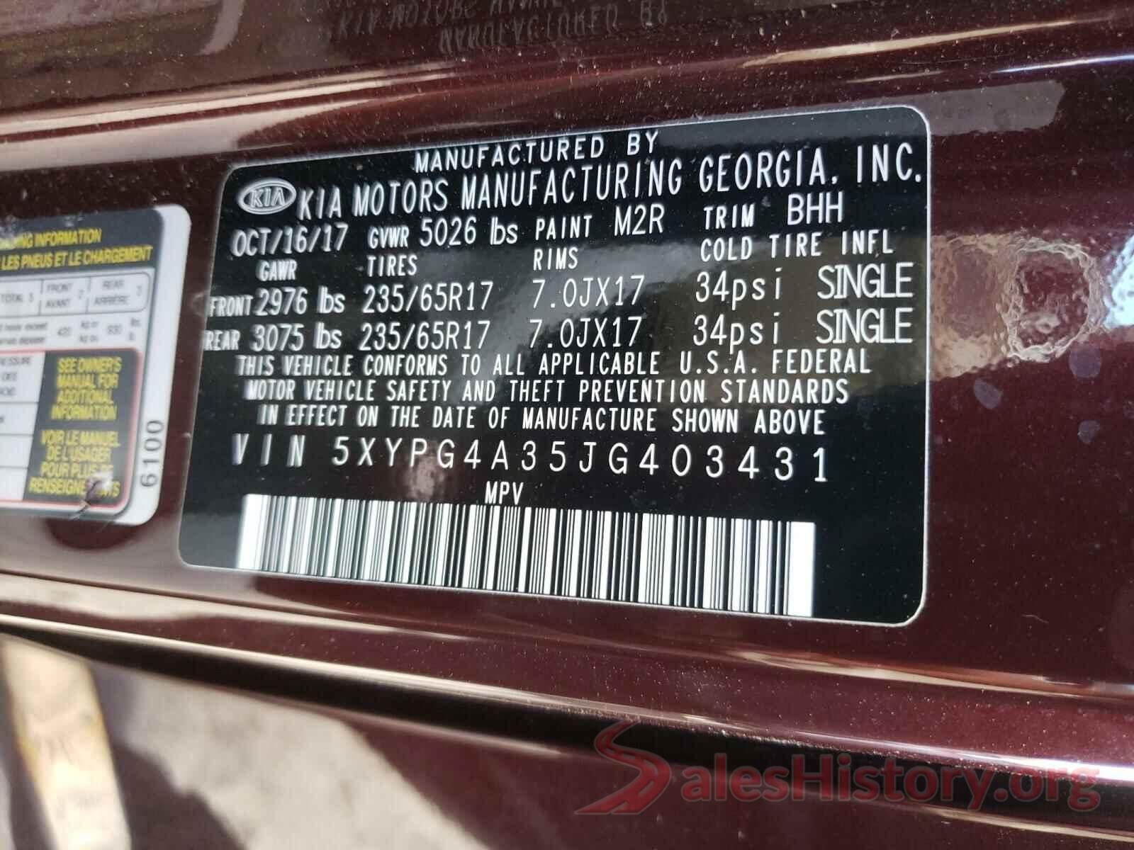 5XYPG4A35JG403431 2018 KIA SORENTO