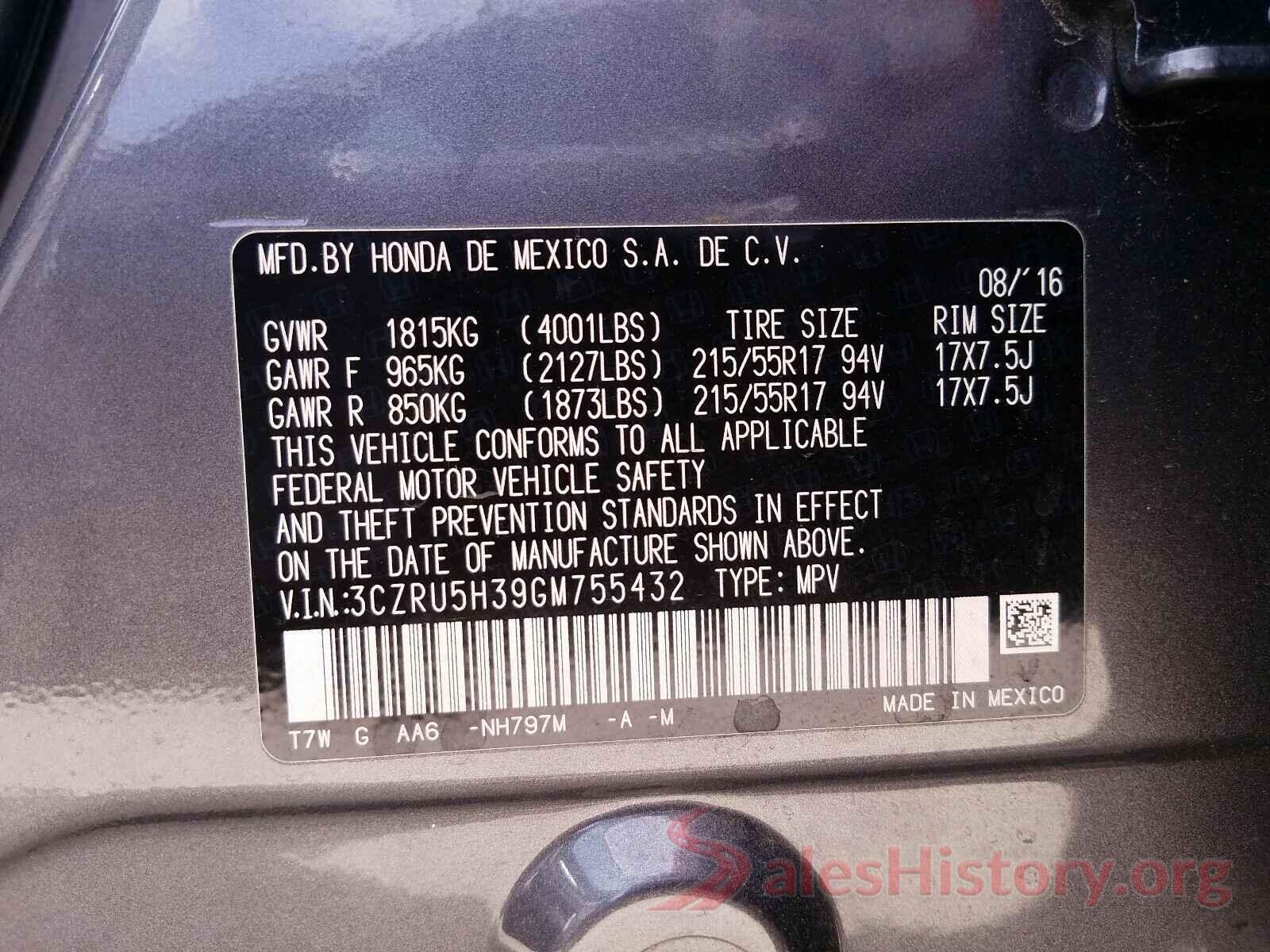 3CZRU5H39GM755432 2016 HONDA HR-V