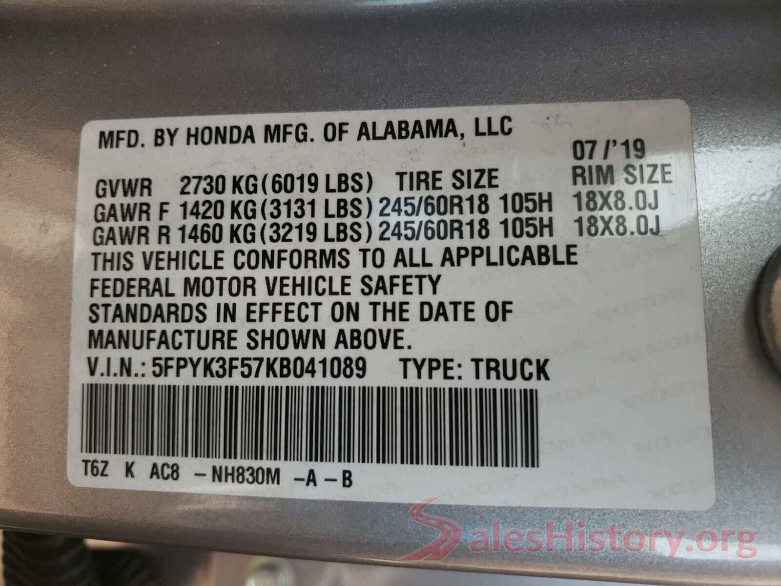 5FPYK3F57KB041089 2019 HONDA RIDGELINE