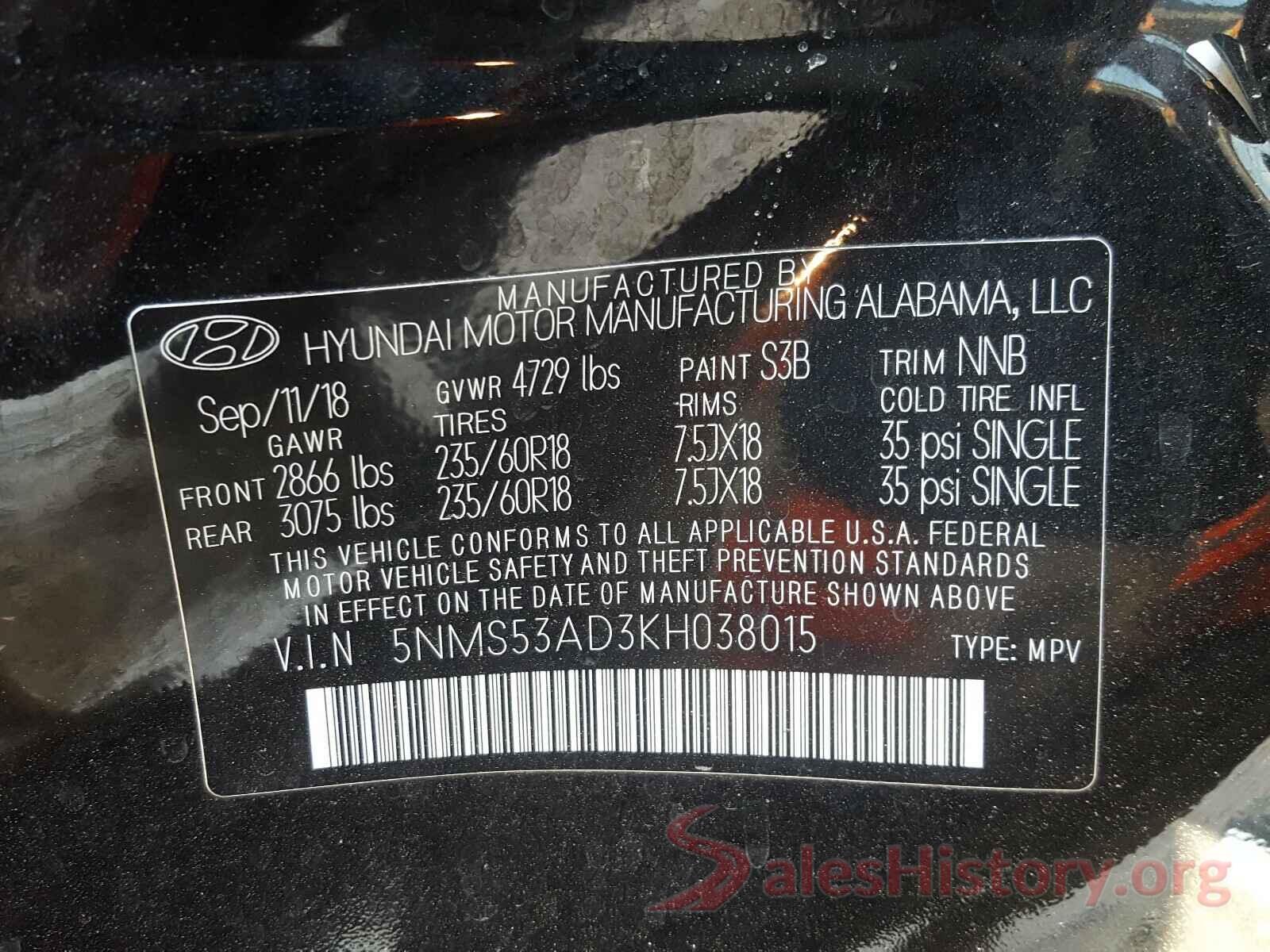 5NMS53AD3KH038015 2019 HYUNDAI SANTA FE