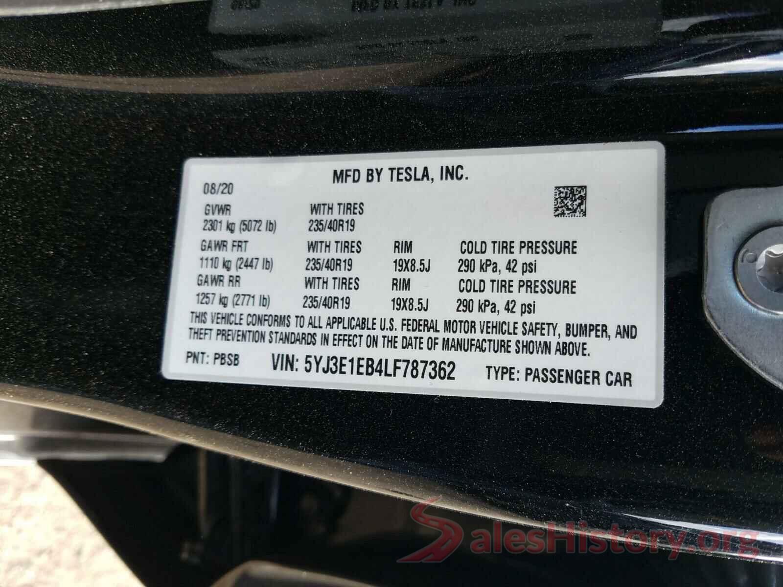 5YJ3E1EB4LF787362 2020 TESLA MODEL 3