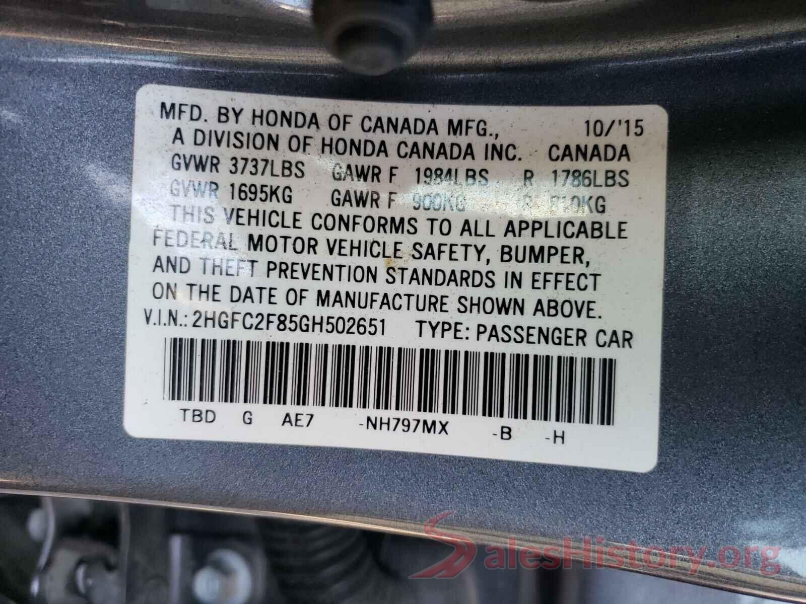 2HGFC2F85GH502651 2016 HONDA CIVIC