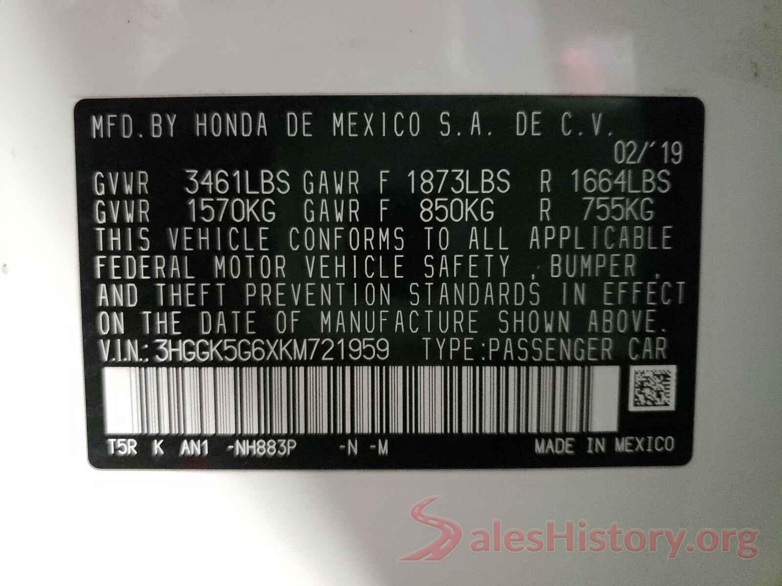 3HGGK5G6XKM721959 2019 HONDA FIT