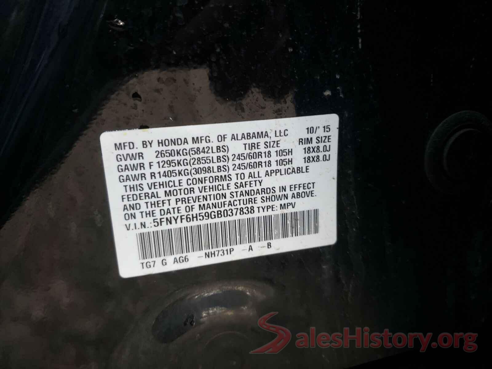 5FNYF6H59GB037838 2016 HONDA PILOT