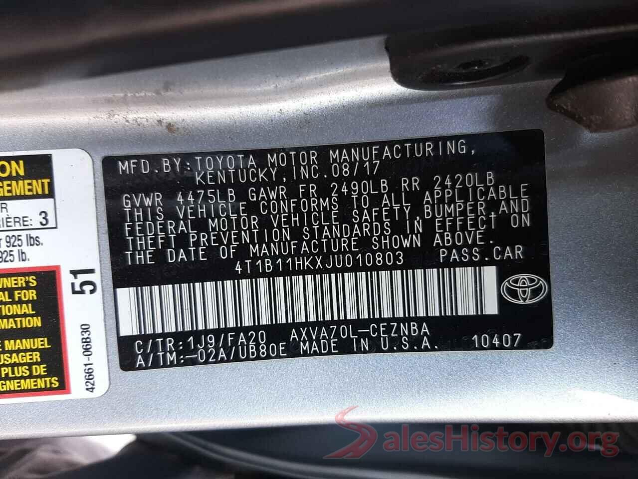 4T1B11HKXJU010803 2018 TOYOTA CAMRY