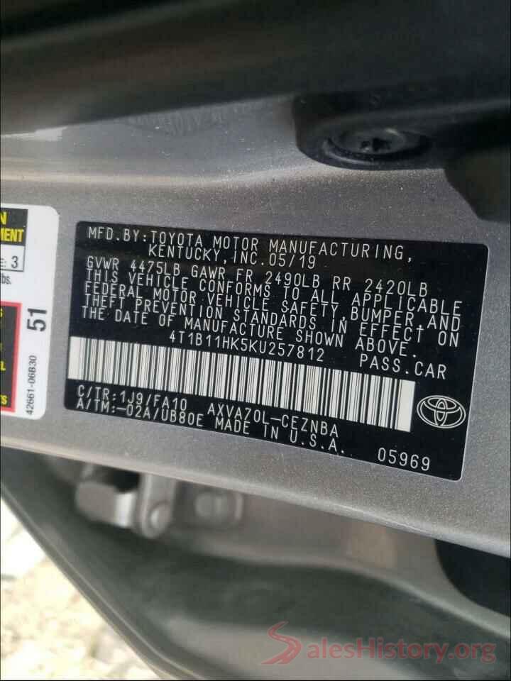 4T1B11HK5KU257812 2019 TOYOTA CAMRY