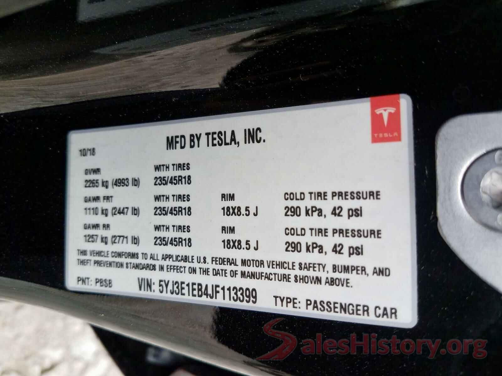 5YJ3E1EB4JF113399 2018 TESLA MODEL 3